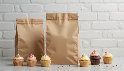 Bakery Delights Cupcake Assortment Takeout Bags Food Photography Dessert Presentation Delicious Treats Baked Goods