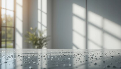 Serene Interior Space Sunlight Reflections Window Water Droplets Minimalist Backdrop Product Display Elegant Indoor