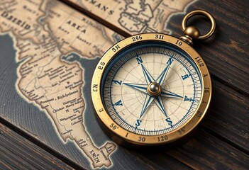Antique compass & aged maps on dark wood, ample right copy space,  vintage,  space
