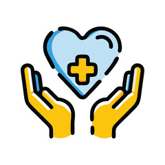Obraz premium Two open hands gently cradle a light blue heart with a yellow medical cross symbolizing care and health