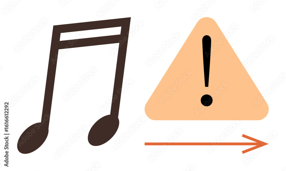 Poster musical note next to a triangular warning sign with an arrow suggesting progression or caution. idea