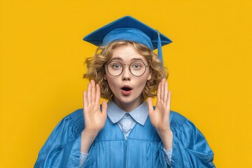 Female college graduate in blue gown and cap making a calling gesture against a yellow backdrop Gen Z new graduate educational milestone entry level worker