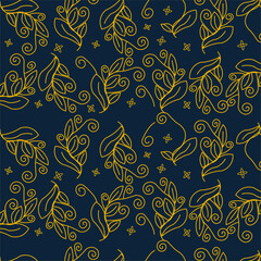 Elegant botanical motif gold leaf ornamentation on dark blue pattern background
