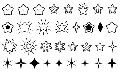 Different sparkling star icon shape,  bursts forms,  flash symbol clip art, vector glowing light effect, element for children illustration design, twinkle, y2k style geometric graphic elements