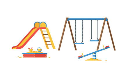 Playground elements: slide, swing set, and seesaw in minimalistic design