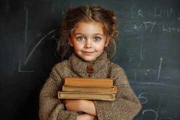 Artistic girl at school with books in front of a blackboard