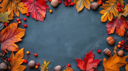 Vibrant Autumn Leaves and Acorns Create a Seasonal Frame on Dark Surface in Harvest Time