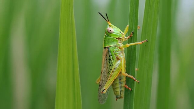 closeup Green grasshopper on leaf in the garden at summer day