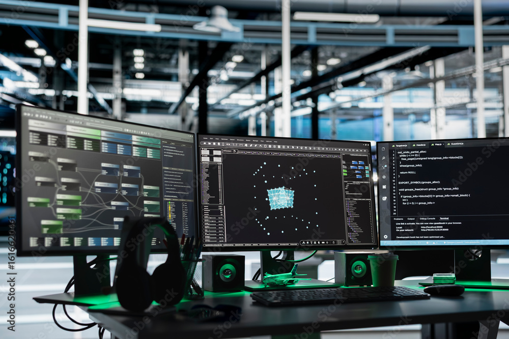Aufkleber ai visualization tools and node tree software on computer monitors in data center used to identify i