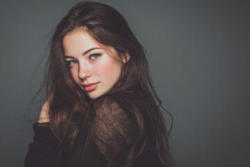 Fototapeta premium Attractive young female model in a studio with a gray backdrop