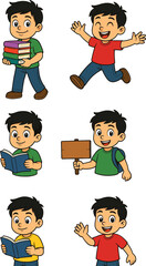 Cartoon school kids characters, reading, running, waving, holding books, education concept, clean vector style, flat design, colorful, fun, cad drawing flat vector illustration