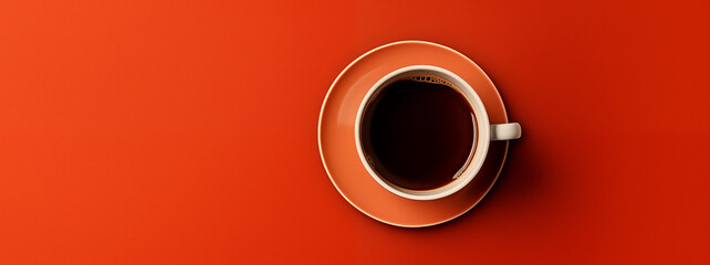 Top view of a coffee cup filled with dark brew, resting on a vibrant orange surface, showcasing the rich color contrast and inviting atmosphere of a cozy beverage experience