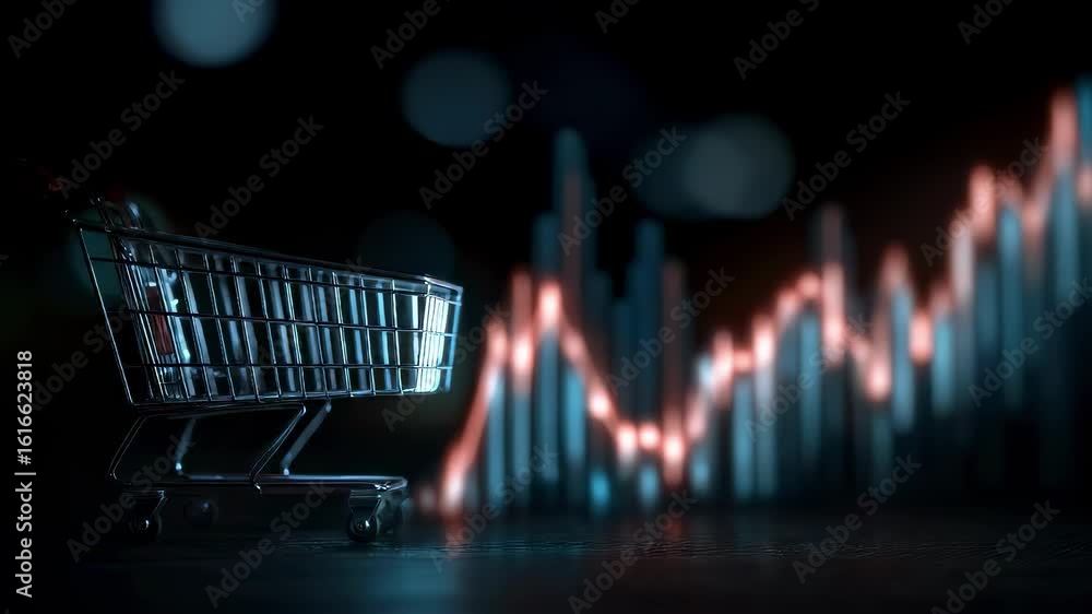 Poster a glowing shopping cart rolls forward dynamically with upwardtrending market analytics in the backgr