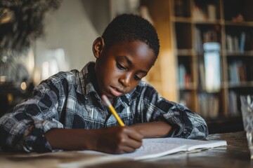 Black boy studying and jotting notes in a notebook