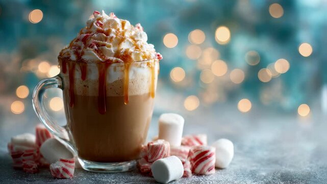 Indulgent holiday beverage showcasing a glass filled with beautifully layered latte generous whipped cream topping and caramel drizzle artistically surrounded by pops of peppermint