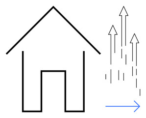 Simple house outline accompanied by multiple upward arrows and a rightward arrow, symbolizing upward growth, future progress, development, innovation, real estate trends. Ideal for business, real
