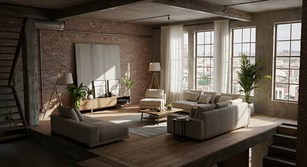 Interior of the modern design  loft  angle view 3D rendering 