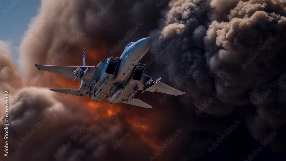 Poster a thrilling action shot of a military aircraft during a flight display with smoke and fire erupting 