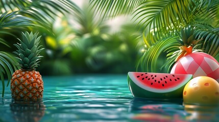 Obraz premium Summer Pool Party Decor With Fruits and Colorful Balls in Tropical Setting