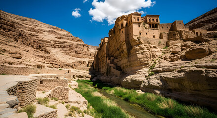 Ancient monastery nestled in a dramatic desert canyon, sunlight illuminating its weathered stone walls and surrounding arid landscape.