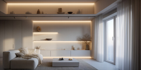 Modern Minimalist Living Room with Neutral Tones and Soft Lighting