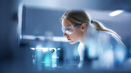 Focused Female Scientist Working with Microscope in Modern Laboratory