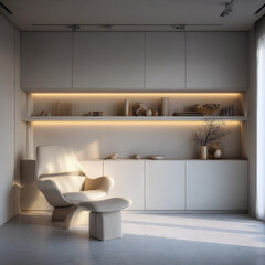 Modern Minimalist Living Room with Neutral Tones and Soft Lighting