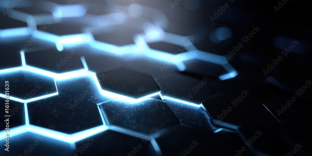 Poster white and blue hexagons with glowing edges arranged in an array the background is a gradient from li