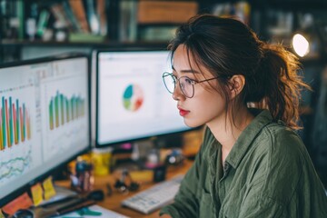 An Asian woman analyzes business finances and creates a report while working remotely from her home office