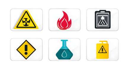 A collection of six safety hazard icons including biohazard flame chemical and warning signs on white tiles
