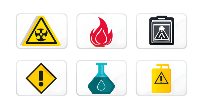 A collection of six safety hazard icons including biohazard flame chemical and warning signs on white tiles
