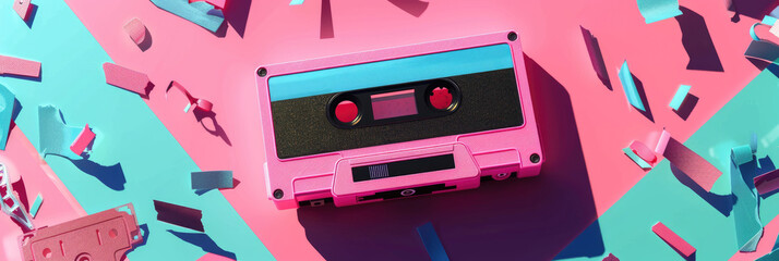Neon cassette tape with glitch effects in pink and blue tones, creating a vibrant retro-futuristic aesthetic