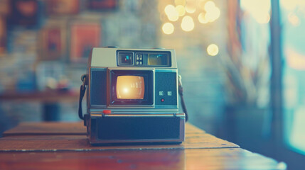 Retro radio on a wooden table with warm blurred background and vintage mood