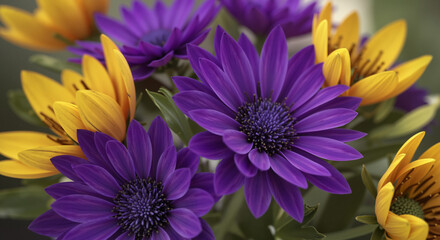 Close-up of purple and yellow flowers in vibrant floral arrangement