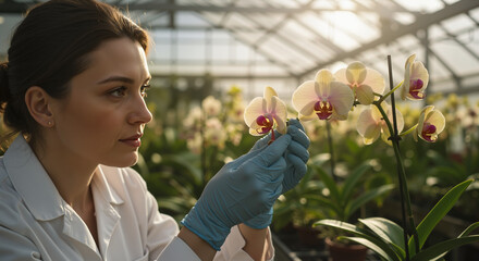 Woman examining orchid flowers while wearing gloves in greenhouse  