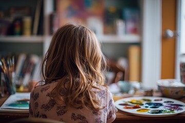 Fototapeta premium Girl painting at home with selective focus and shallow depth