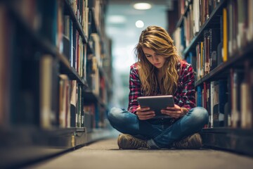 Girl using a tablet in the library