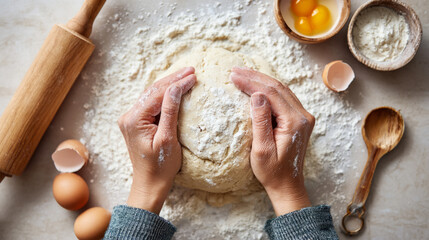 Baking preparation with hands kneading dough and ingredients for homemade bread or pastries