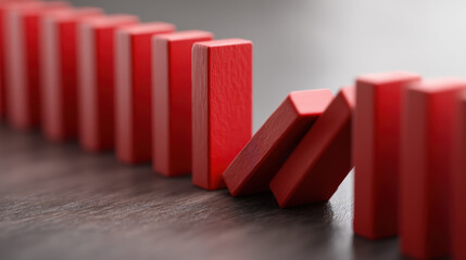 Red domino tiles falling in a sequence on a wooden surface, illustrating the chain reaction effect.