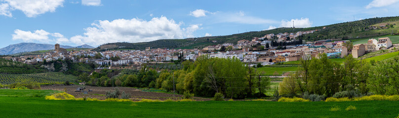 The rural fields glow with magical green hues, creating a serene and picturesque natural landscape in the province of Granada, Spain,