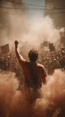 Foule en protestation avec fumée et pancartes