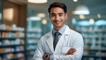 A professional male pharmacist standing confidently in a bright, modern pharmacy, smiling warmly for the camera