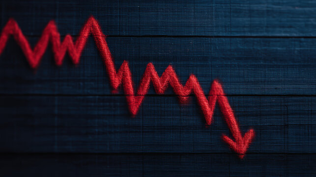 A red downward zigzag arrow on a dark textured background symbolizes decline or decrease.