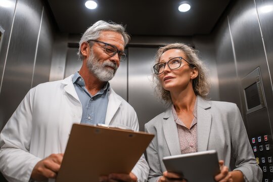 Adult male physician presenting clipboard to female coworker holding tablet in hospital lift
