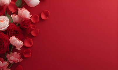 Red and pink flowers with petals arranged on a rich red background. Concept for special events like Valentines Day cards.
