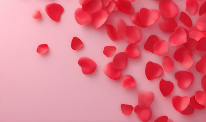 Red heart shape petals scattered on a pink background with copy space. Concept of romantic love and celebration for Valentine's day.