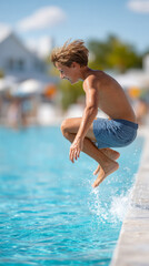 Naklejka premium Teen boy mid-dive into pool on a sunny day - dynamic summer fun