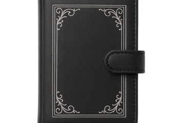 Black leather book cover with intricate silver border, resting on transparent background, highlighting elegant bookbinding craftsmanship