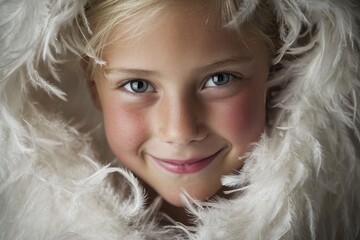 image of joyful blonde angelic girl in feathered scarf