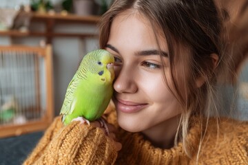 Fototapeta na wymiar Indoor young woman with a pet Alexandrine parakeet Adorable companion
